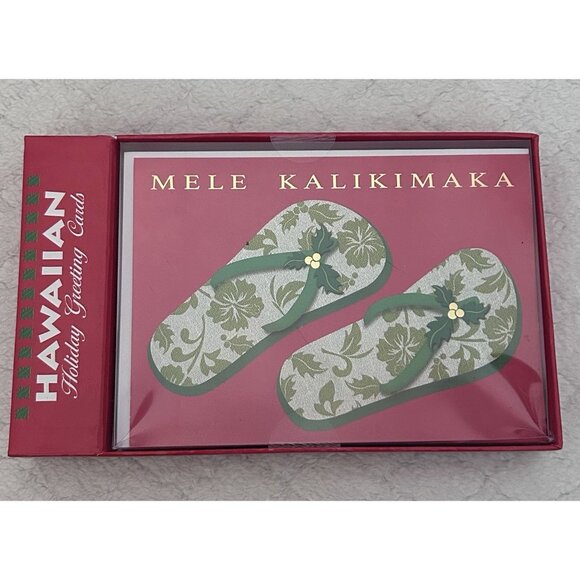 Hawaiian Christmas Cards Hawaii Mele Kalikimaka Hibiscus Sandals Set Of 10 New - Picture 1 of 3